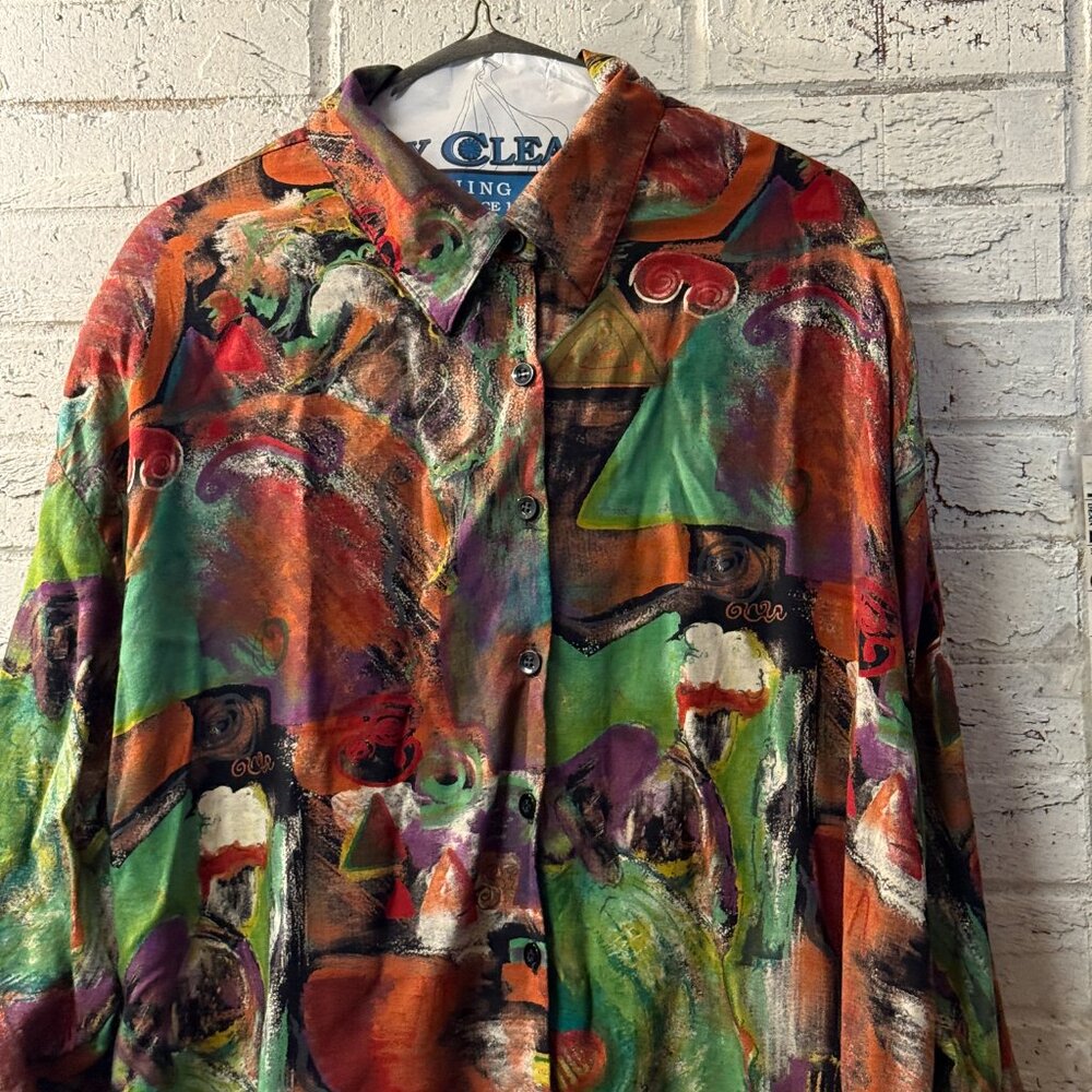 Jeri Marque Vintage Abstract Button-Up Blouse – Size 22 – Bold Multicolor Art